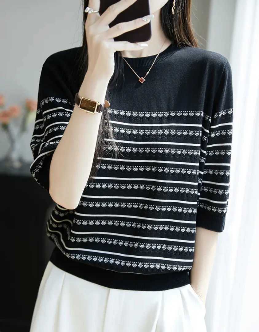 新款洋气撞色莱赛尔天丝（80-200）夏季镂空条纹薄款减龄针织衫显瘦