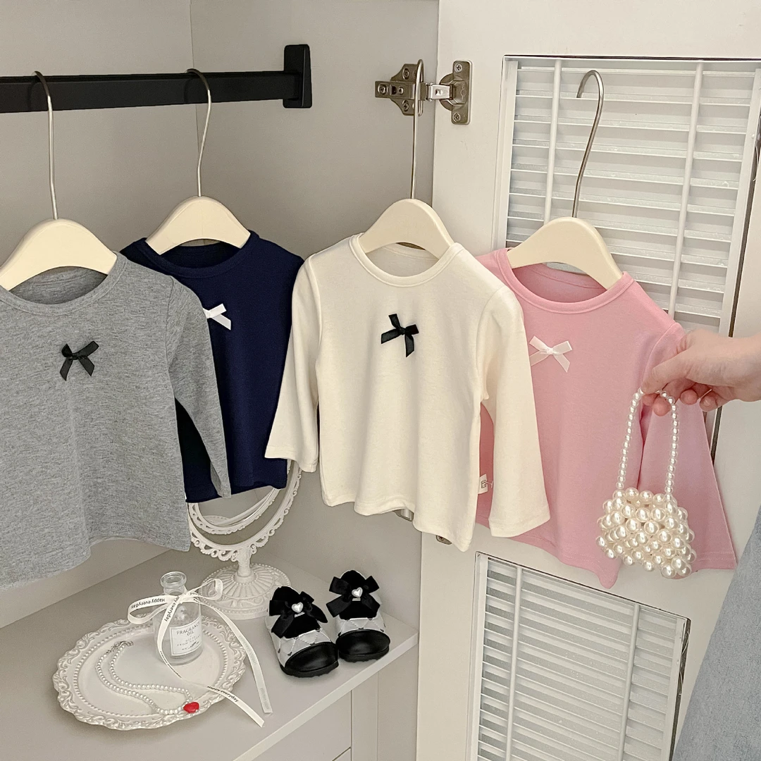 儿童宝宝春秋装新款韩版蝴蝶结圆领长袖t恤女童纯色百搭打底衫潮