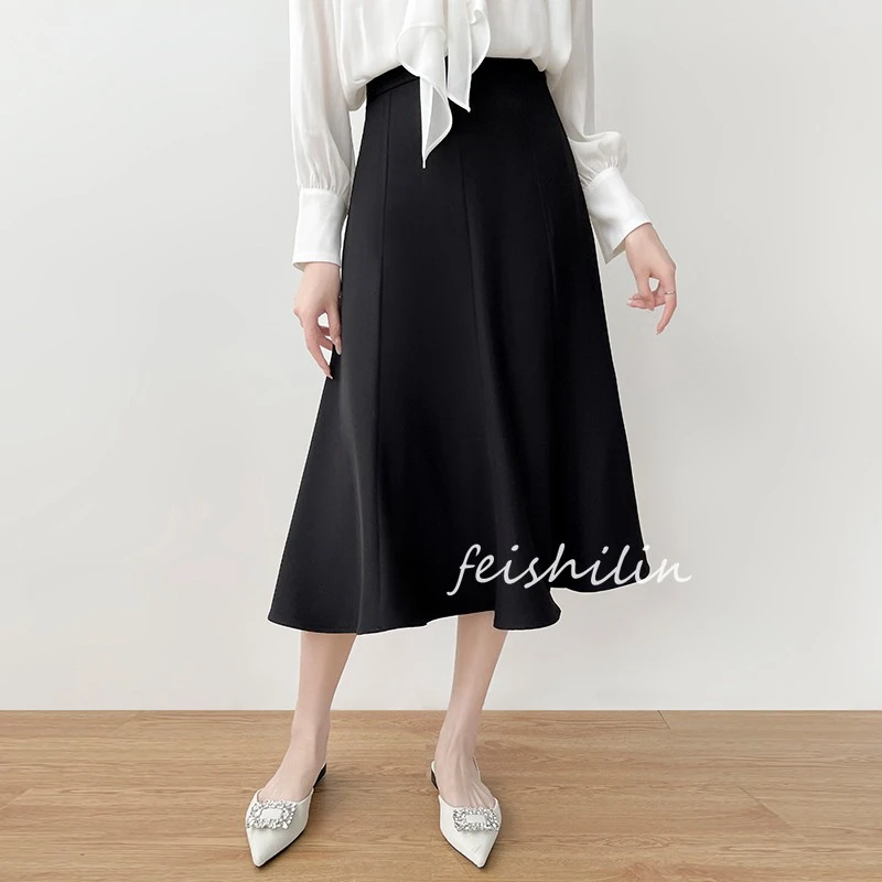 韩帛雅黑色a字半身裙女春秋高腰中长款鱼尾伞裙职业通勤西装裙子
