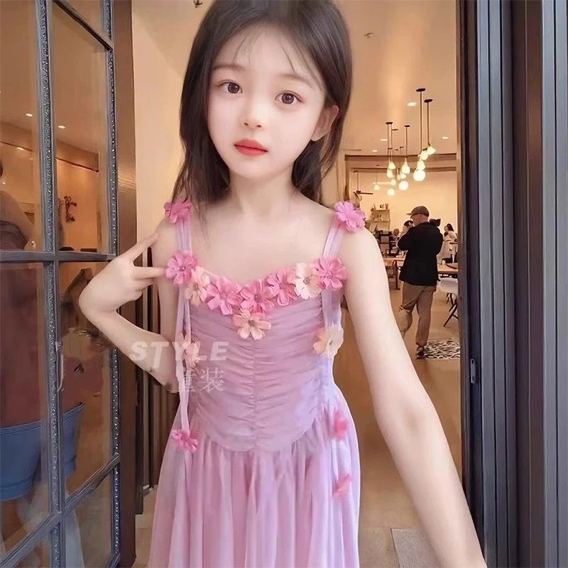女童夏装吊带花朵连衣裙2025夏季无袖网纱裙立体公主风沙滩裙潮