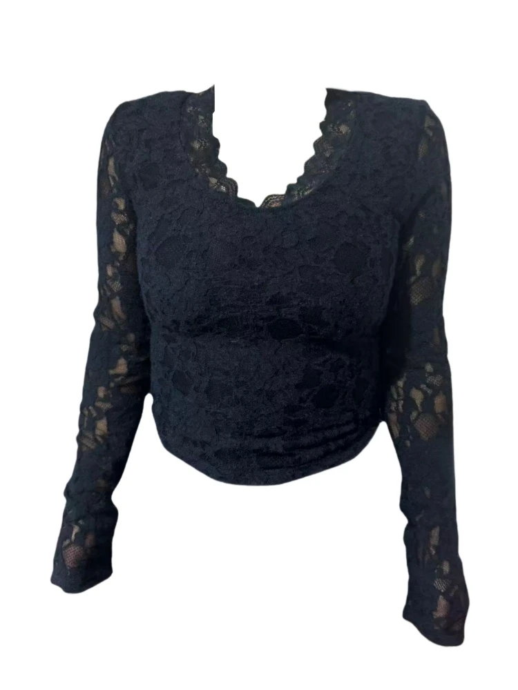 Amy家 微胖mm纯欲风v领打底蕾丝衫秋冬加绒修身显瘦性感辣妹上衣