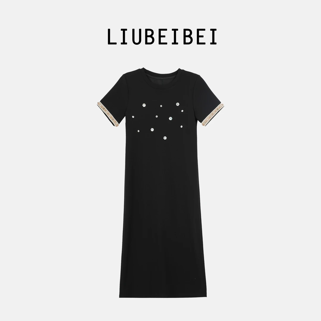 LIUBEIBEI【夏日初见】韩系重工亮片撞色圆领显瘦连衣裙-8799