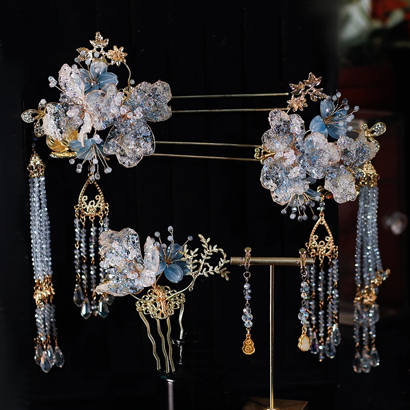 G120新娘中式秀禾头饰2025新款蓝色秀禾发饰汉服晨袍旗袍配饰高级