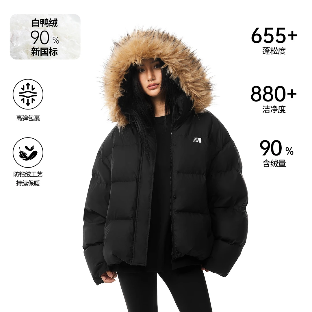 FDR加厚保暖情侣面包服男外套可拆卸毛领黑色短款羽绒服女款冬季