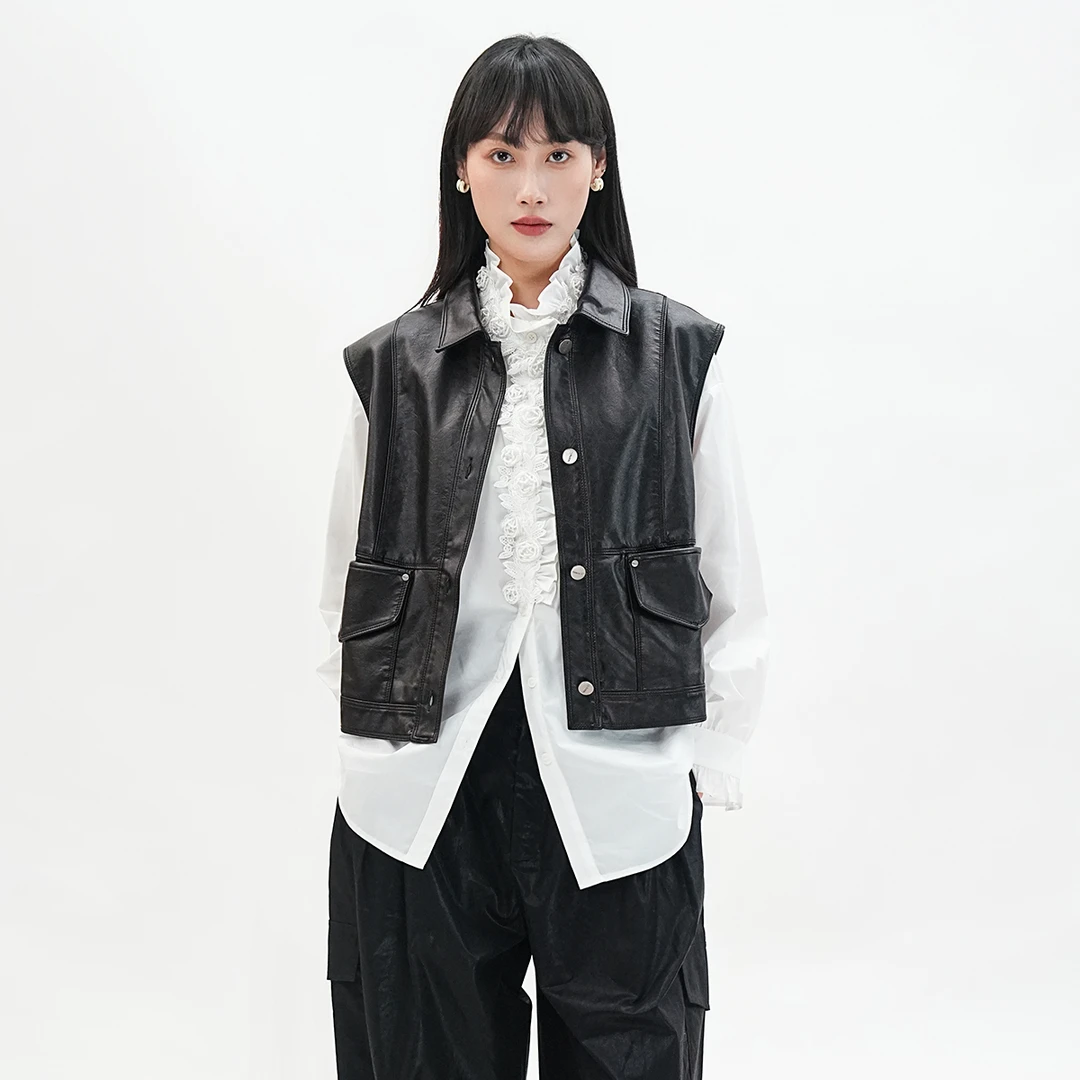歌蒂诗2025春季新款时尚潮流美式工装坎肩黑色短外套3F11P4749