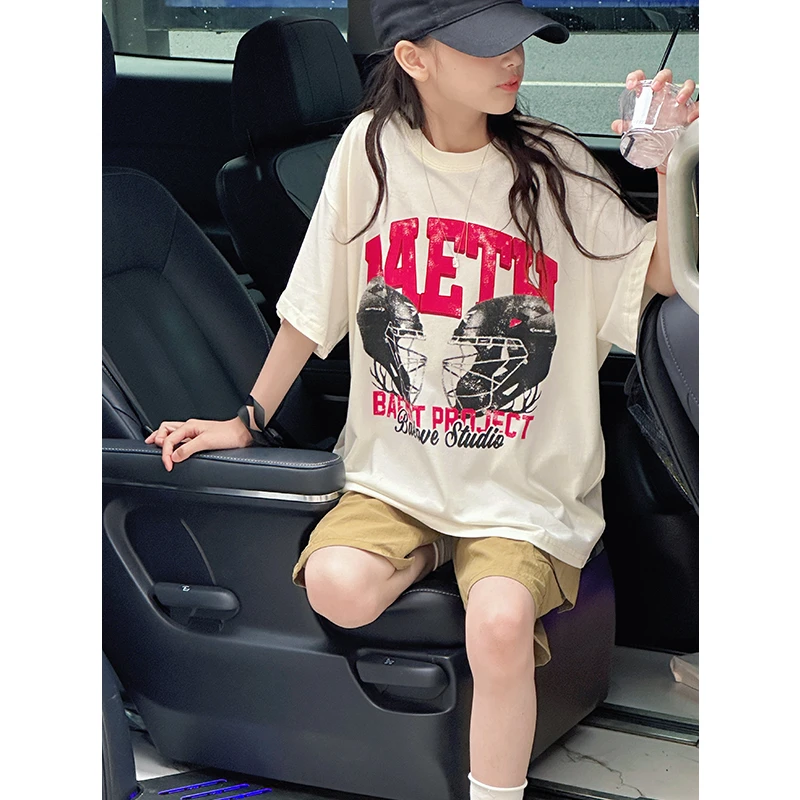 K28609印花女童短袖T恤2025新款夏装儿童上衣休闲大童宽松衣服潮t