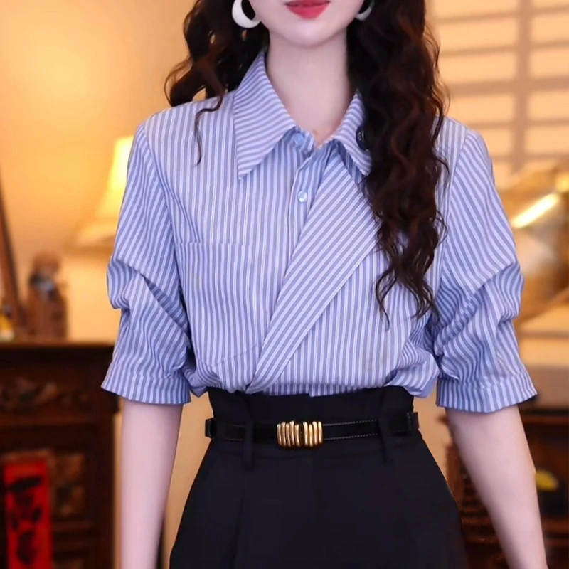 港味复古时尚气质短袖衬衫女2025年夏季新款高级感Polo领条纹上衣