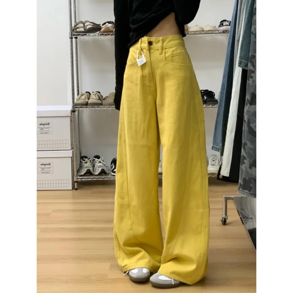 美式树叶黄高腰宽松休闲牛仔裤女冬季新款设计感水洗直筒拖地裤子