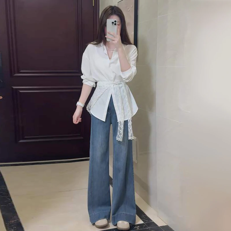 新款蕾丝绑带白色衬衫外套女夏季防晒衬衣高级感收腰长袖上衣2406