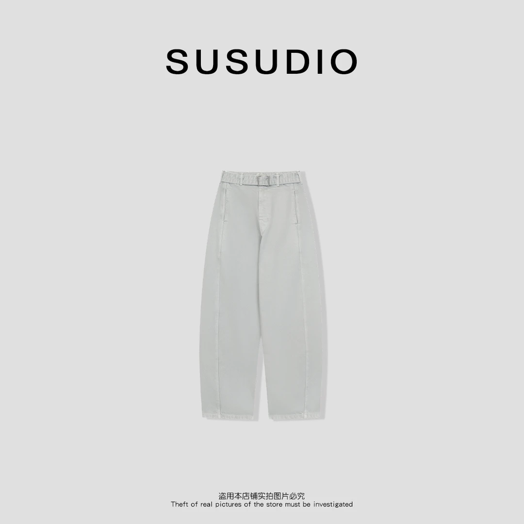 SUSUDIO 设计款百搭经典做旧洗水蓝弯刀牛仔裤40147