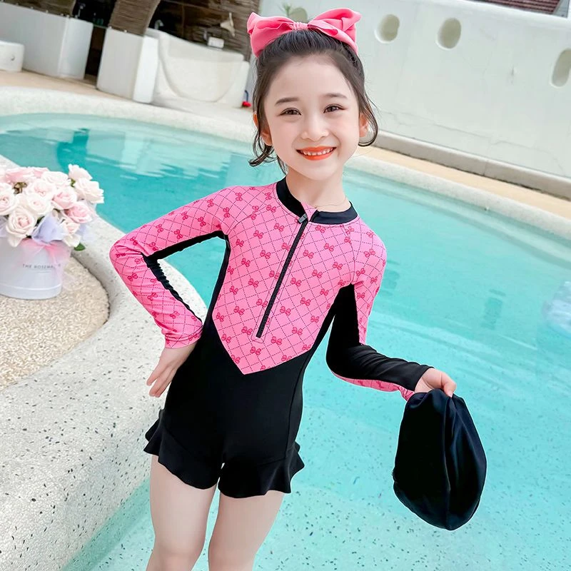 女童连体泳衣夏季2025新款洋气儿童拼色玩水服女可爱夏装防晒泳装