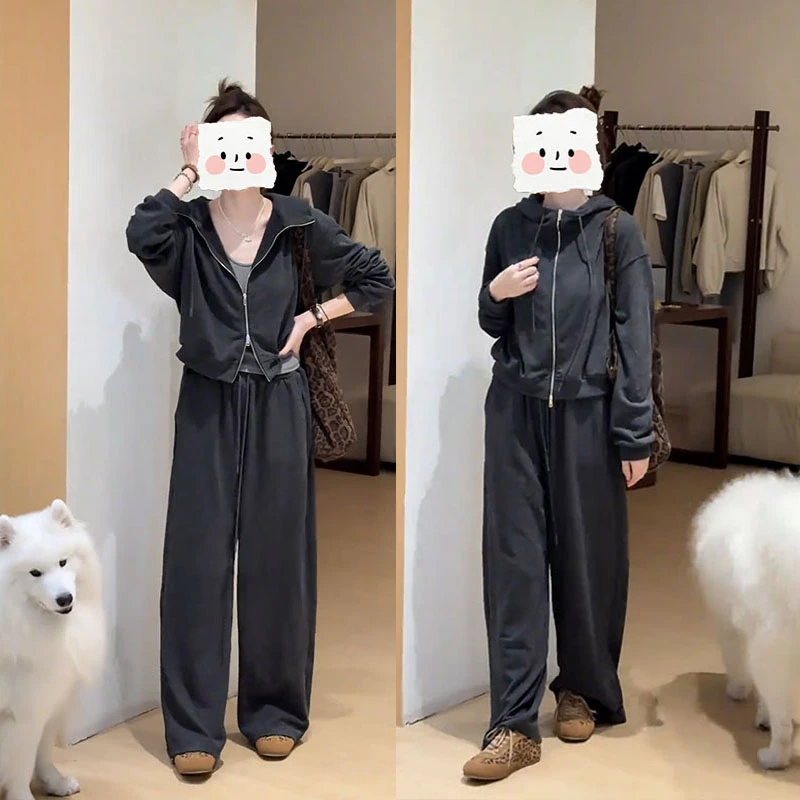 2025秋季新款设计感韩系慵懒时尚连帽卫衣高腰直筒裤显瘦两件套