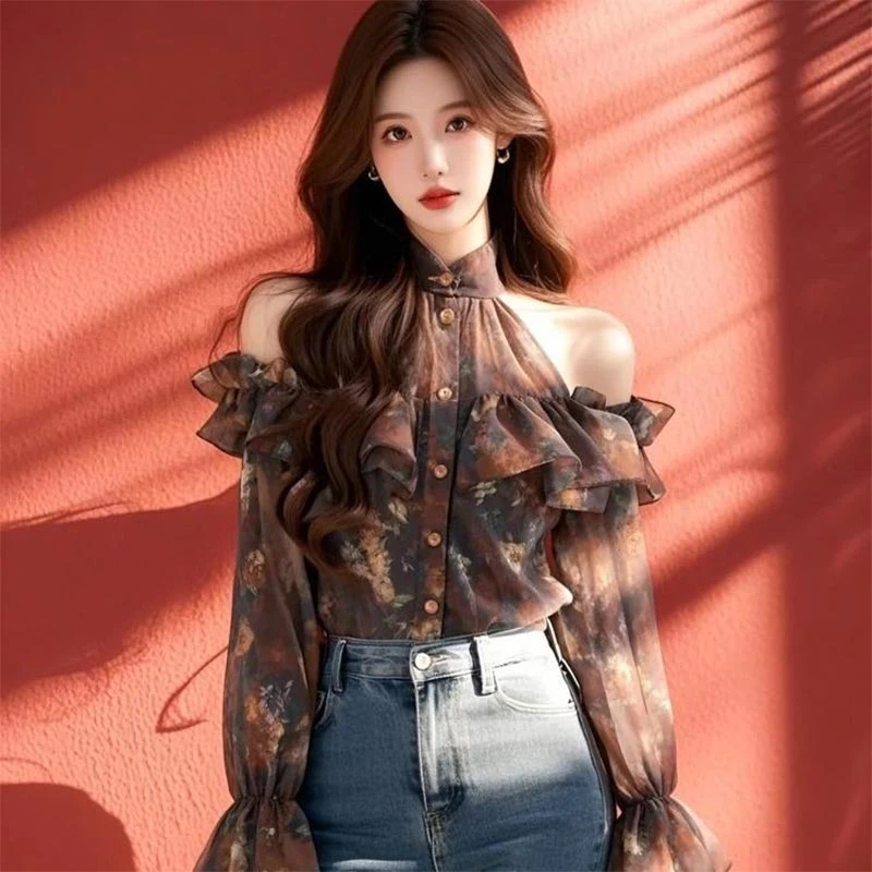 2025春秋新款咖色印花雪纺衬衫女宽松减龄设计感个性百搭薄款上衣