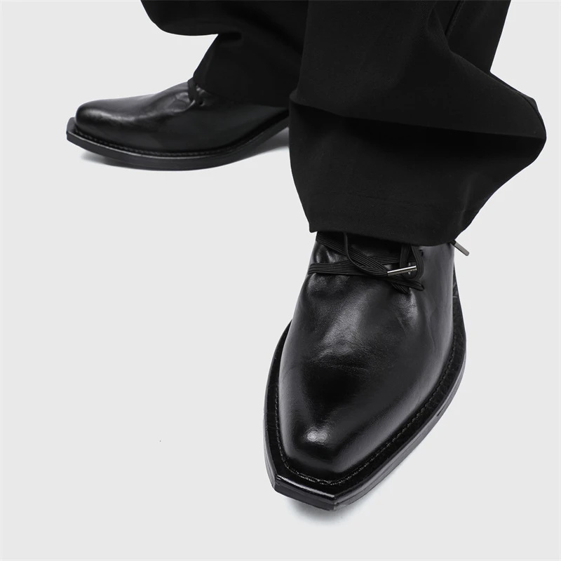 CPOZ小众尖头男皮鞋复古百搭系带粗跟短靴暗黑风德比鞋