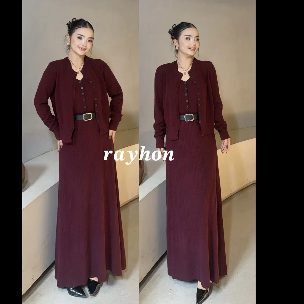 Rayhon秋冬挂脖毛织上衣长开衫直筒阔腿裤套装