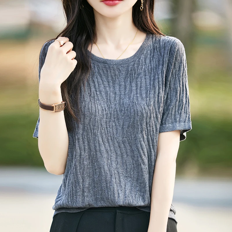 大码女装夏季薄款短袖针织衫女宽松显瘦上衣洋气百搭纯色圆领T恤