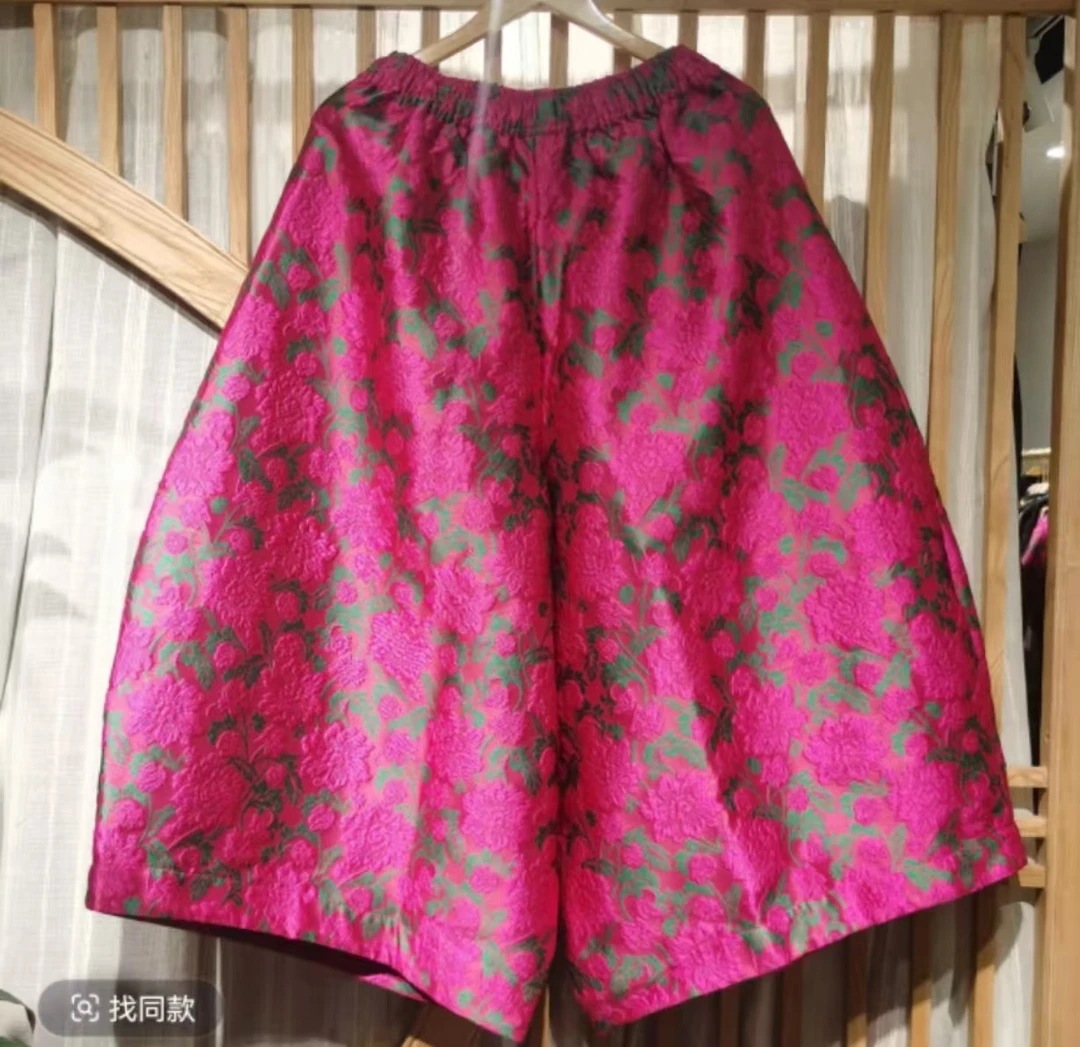 凤徕兮私人定制玫红色底绿色暗纹花全松紧花苞裤（SK5224）