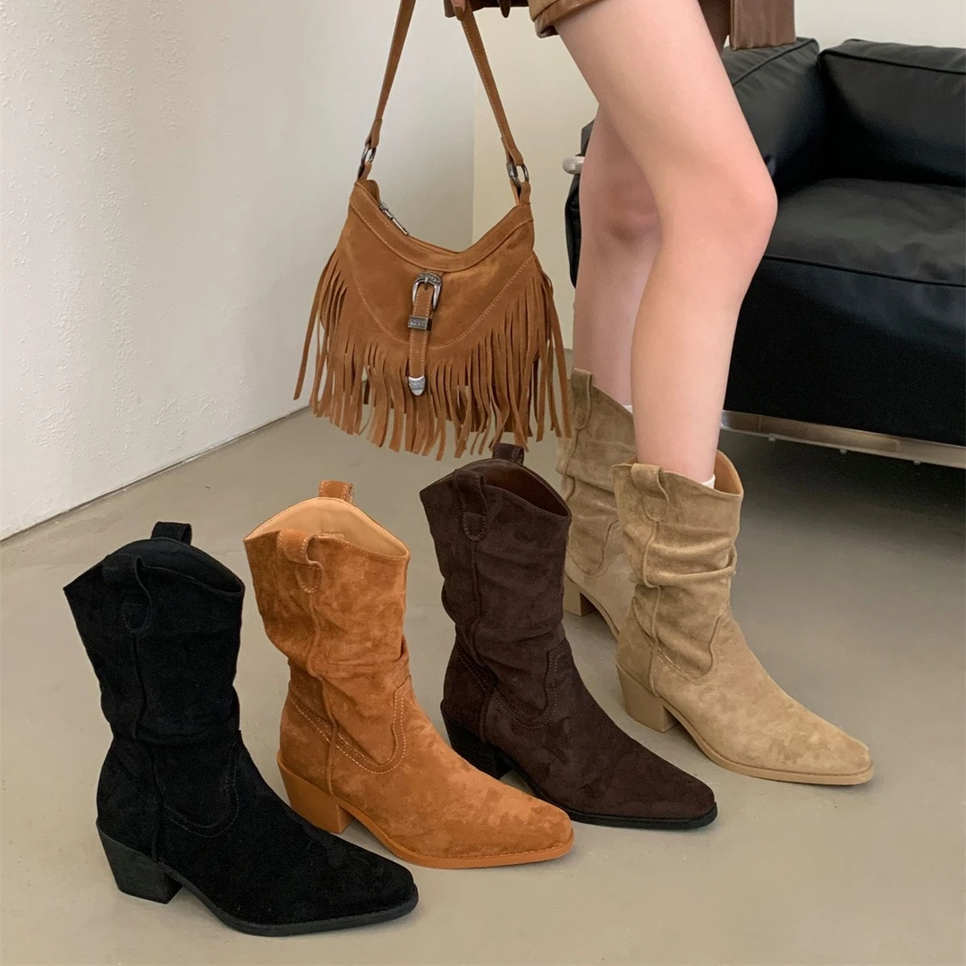 爆款尖头褶皱堆堆靴女2025年新款中筒骑士靴复古西部牛仔靴美拉德