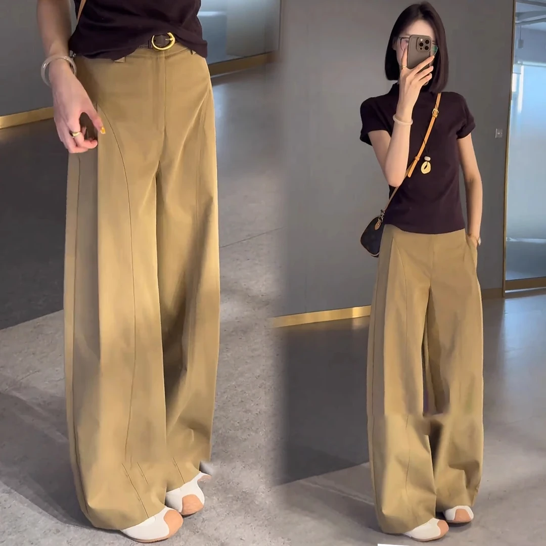 时尚侧压褶贝斯裤女2025秋季新款洋气高腰显瘦宽松直筒百搭阔腿裤