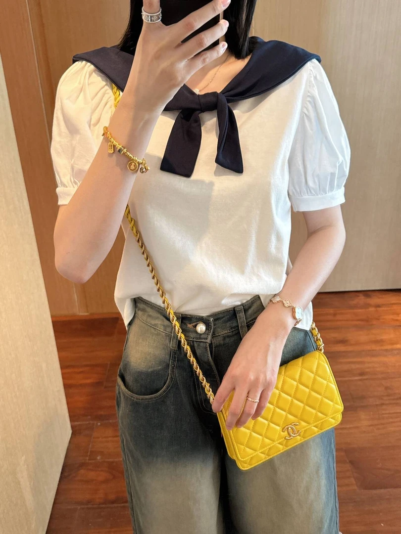 【张静芝】夏季新品 学院风减龄洋气撞色海军领结设计感短袖T恤