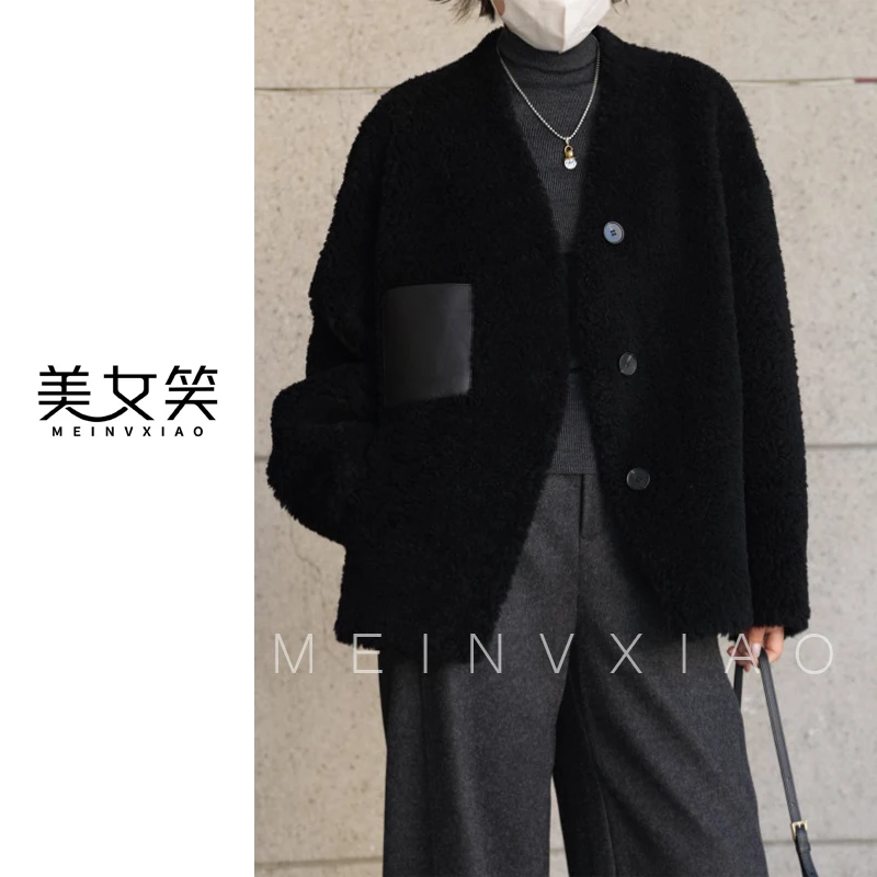 美女笑MNX【其琛】100%绵羊毛颗粒绒韩系V领外套女高级羊剪绒常规款
