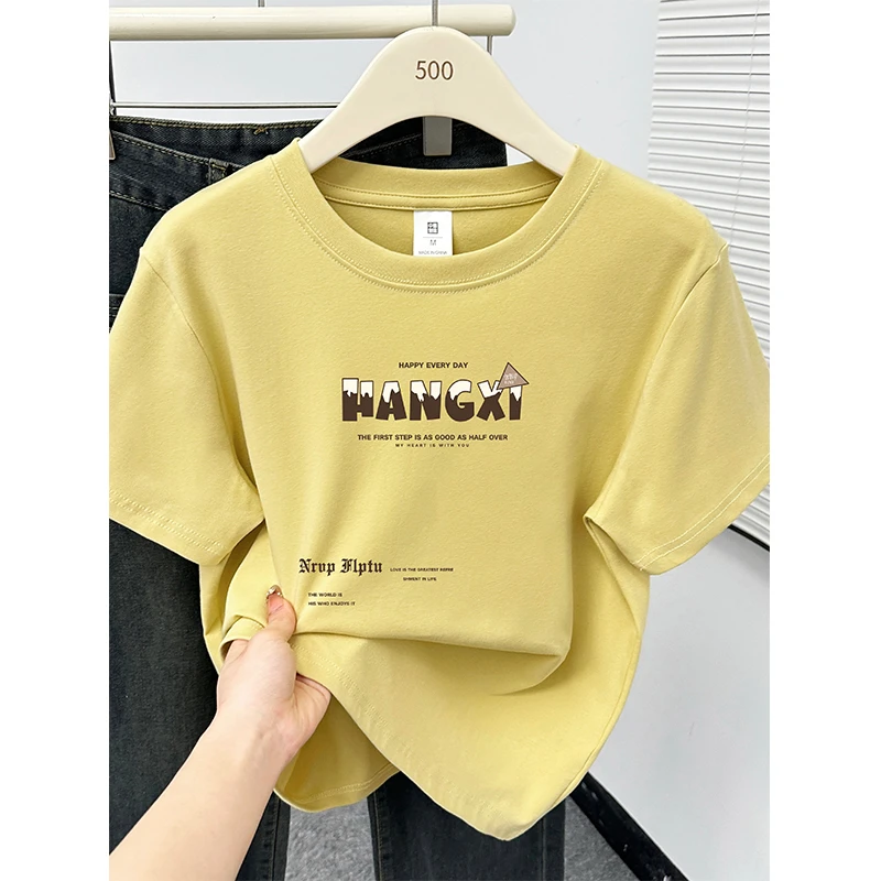 姜黄色短袖T恤大码女装夏季新款休闲字母印花显瘦正肩圆领上衣潮