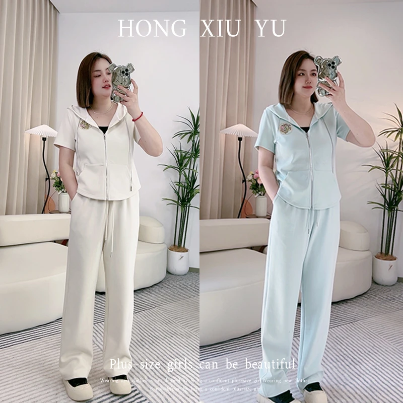 【红袖雨】夏季新款大码胸前刺绣短袖连帽运动套装ZI1624240327