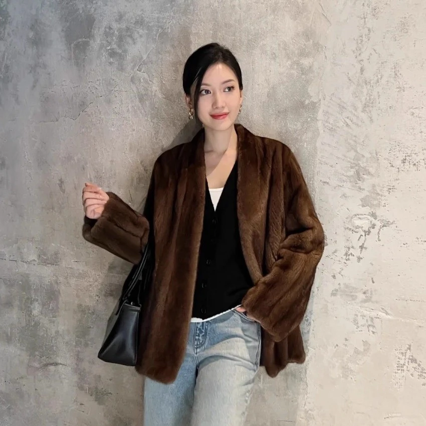 【秋秋】进口小母貂全抽刀V领貂皮大衣女水貂整貂中长款皮草外套