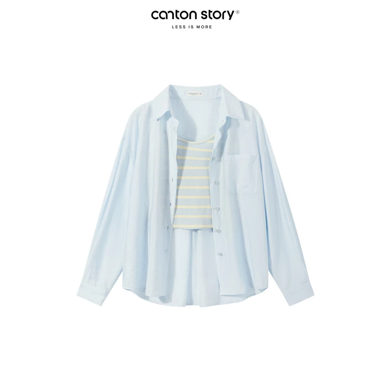 羊城故事 休闲衬衫套装女慵懒衬衫条纹吊带背心两件套 Y41248335