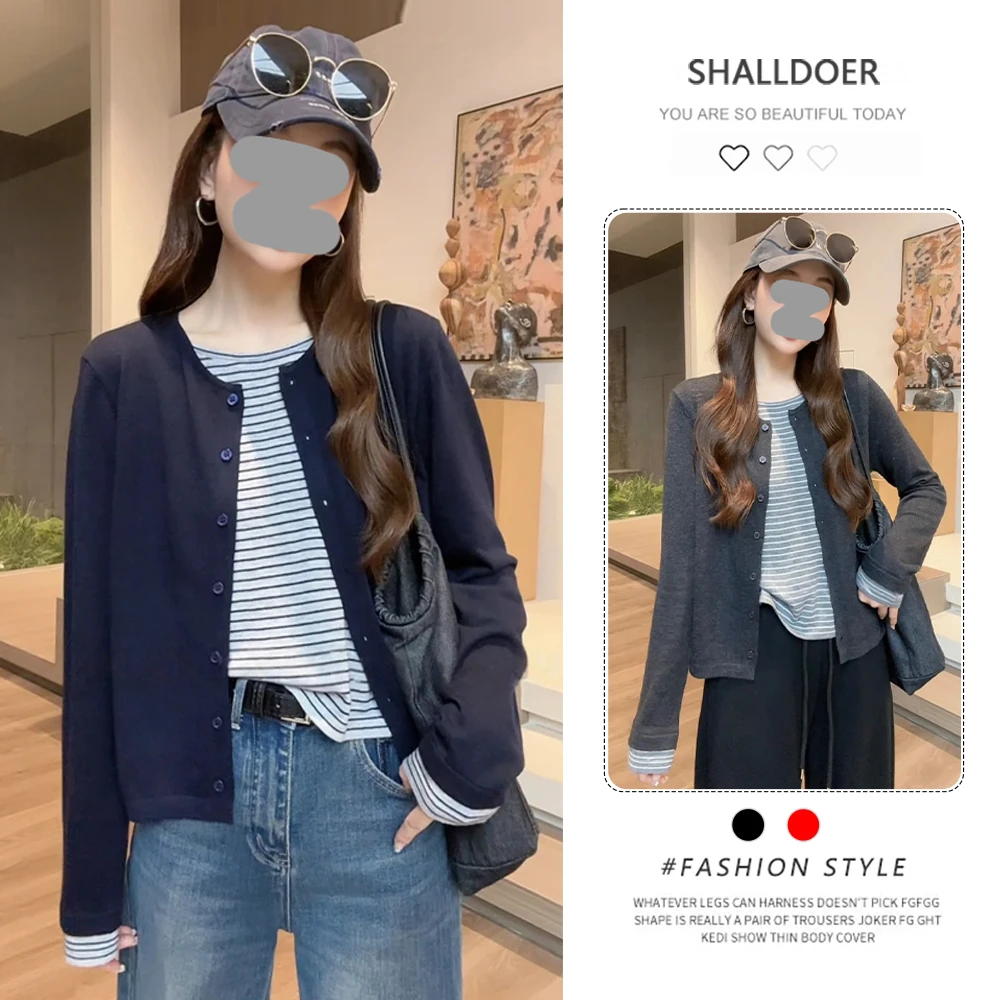 洋气时尚温柔风宽松圆领简约拼接条纹假两件针织衫