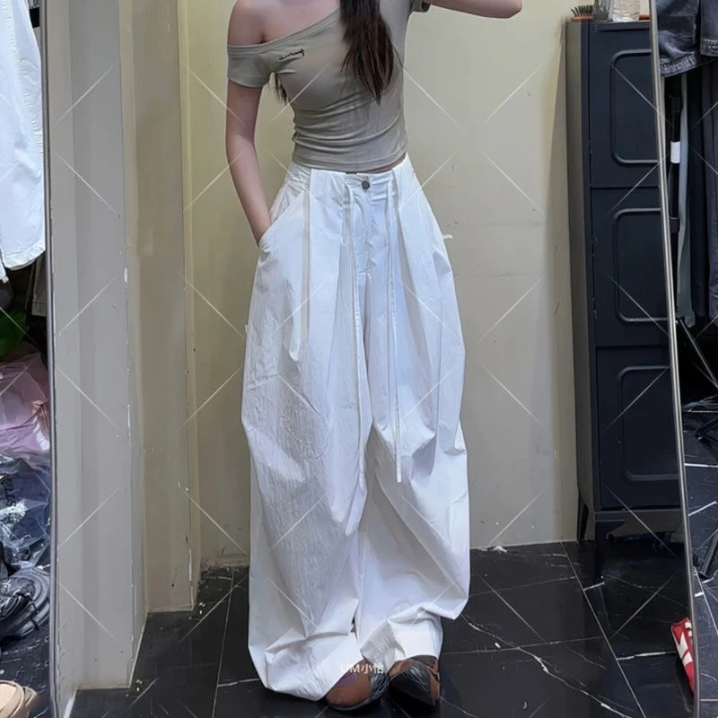 白色速干弯刀工装裤女夏季薄款宽松bf慵懒风裤子显瘦直筒阔腿长裤