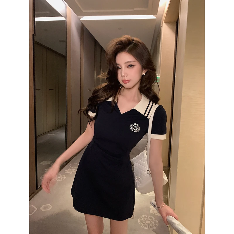 邱肉瑶 polo连衣裙夏季新款女小个子学院风气质翻领收腰显瘦
