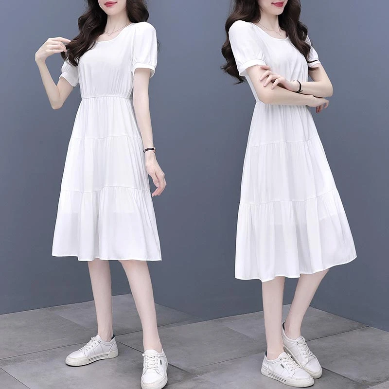 2025年夏季连衣裙女纯色法式新款时尚收腰显瘦简约气质中长款裙子