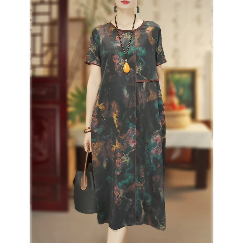 【海棠依旧】25新款桑蚕丝连衣裙优雅高级印花轻奢气质宽松裙12420