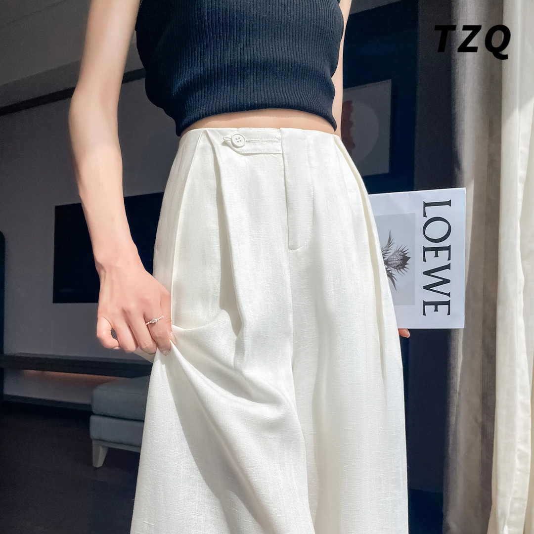 天丝亚麻阔腿裤女夏季2025薄款宽松垂感拖地西装休闲裤TZQ2562602