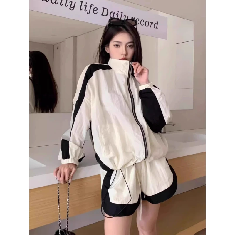 2025新款美式休闲运动套装女夏季宽松显瘦立领防晒长袖短裤两件套