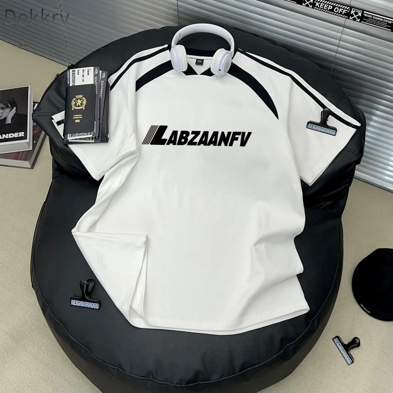 【Dekkry】夏季宽松休闲情侣美式个性字母印花三条杠短袖t恤男女