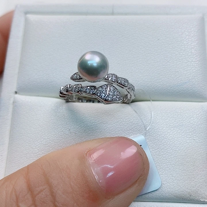 海水珍珠戒指银S925镶嵌7-8