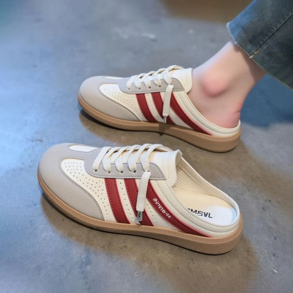 【莆田】红色三条纹半拖德训鞋女夏季新款懒人一脚蹬配裙子包头拖