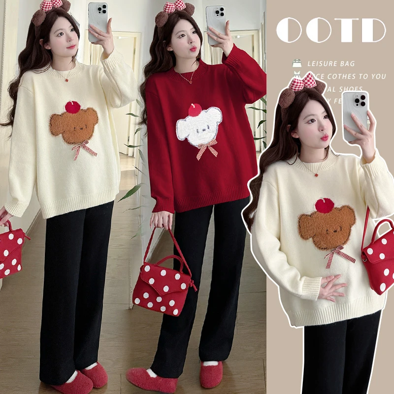 【伊伊】孕妇装2025秋冬季韩版宽松卡通时尚圆领外穿减龄针织毛衣