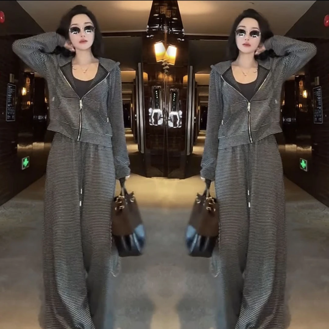 欧货休闲时尚运动套装春秋季新款连帽拉链开衫撞色条纹卫衣两件套