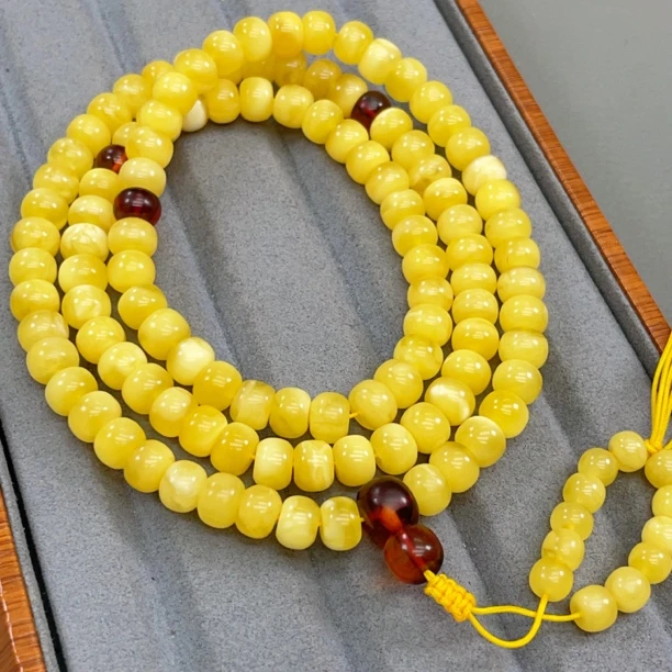 鸡油黄白花8mm蜜蜡老型链子108颗项链手链