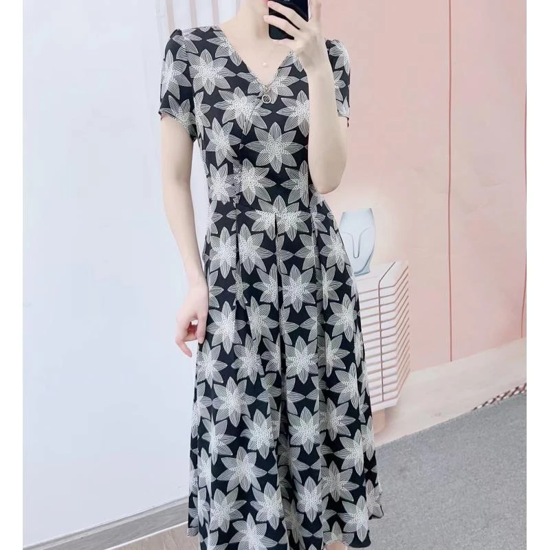 080清C2仓夏季汉派时尚雪纺印花轻熟V领短袖连衣裙