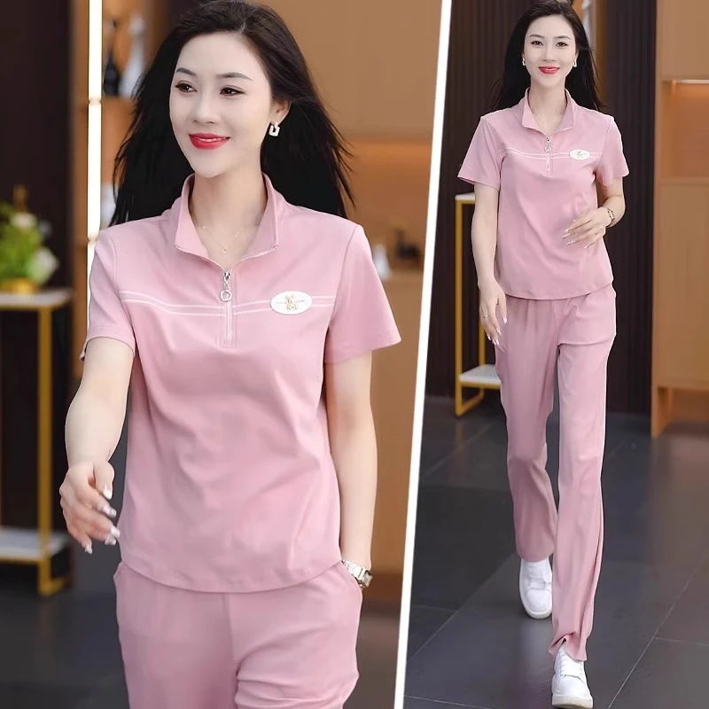 夏天休闲运动套装女2025新款时尚洋气短袖立领冰丝夏装显瘦两件套