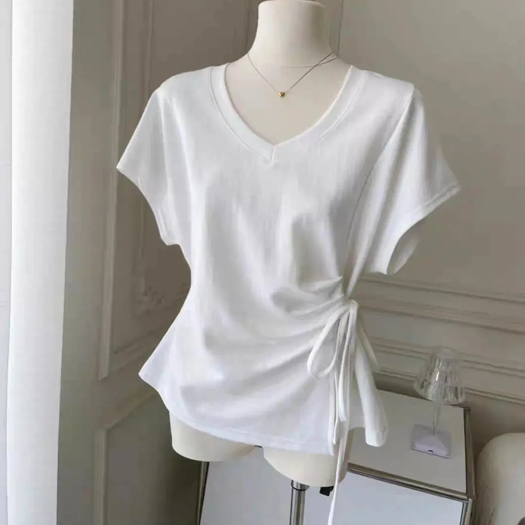 印像家气质白色v领系带收腰短袖t恤女新款慵懒风松弛感百搭上衣