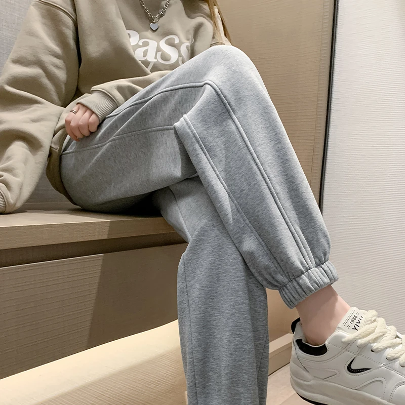 运动裤女秋冬2025新款宽松束脚休闲哈伦裤子小个子灰色卫裤加绒款