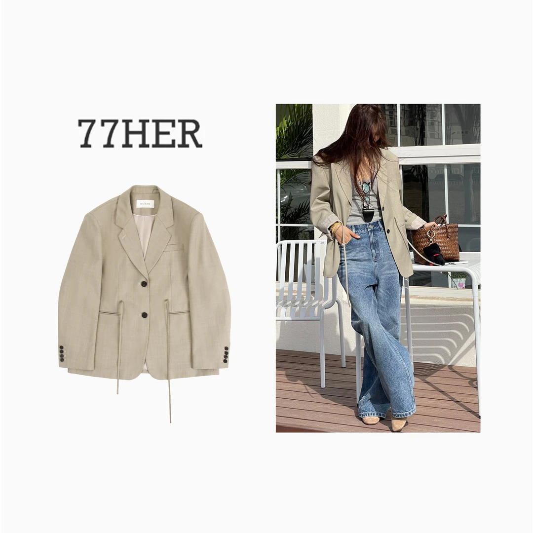 77her 设计感时尚气质日常通勤百搭纯色潮流休闲系带西装