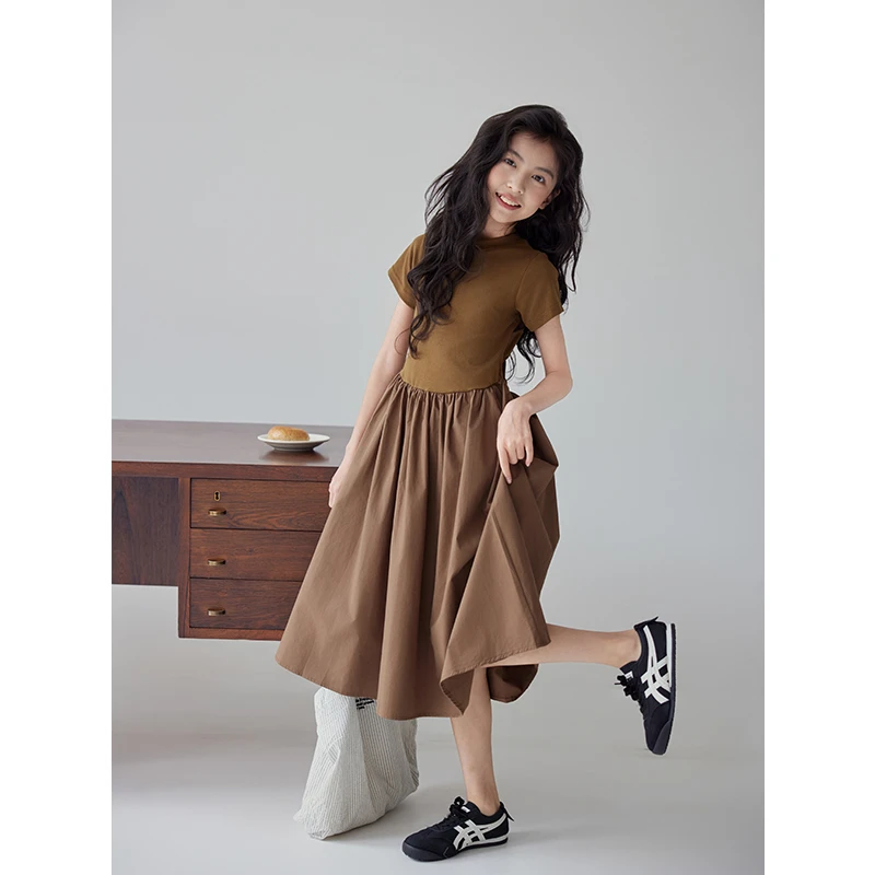 K26145拼接镂空女童连衣裙2025新款夏季儿童短袖裙女孩洋气A字裙