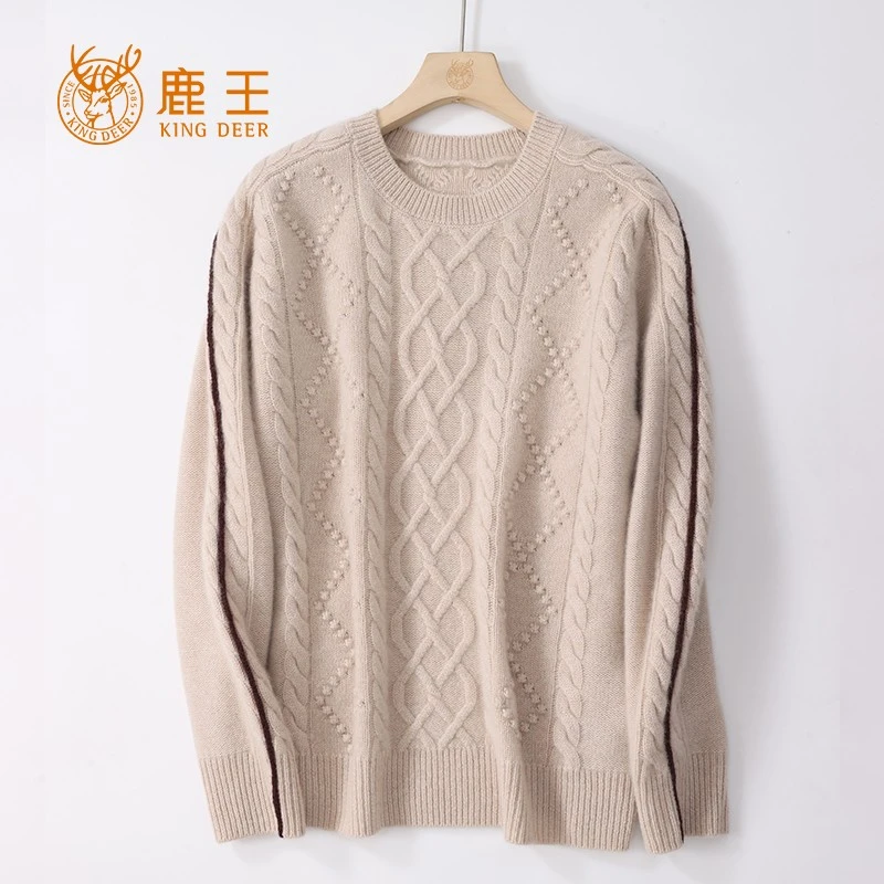 编码2024035鹿王24秋冬新款女圆领100山羊绒时尚绞花针织套衫加厚
