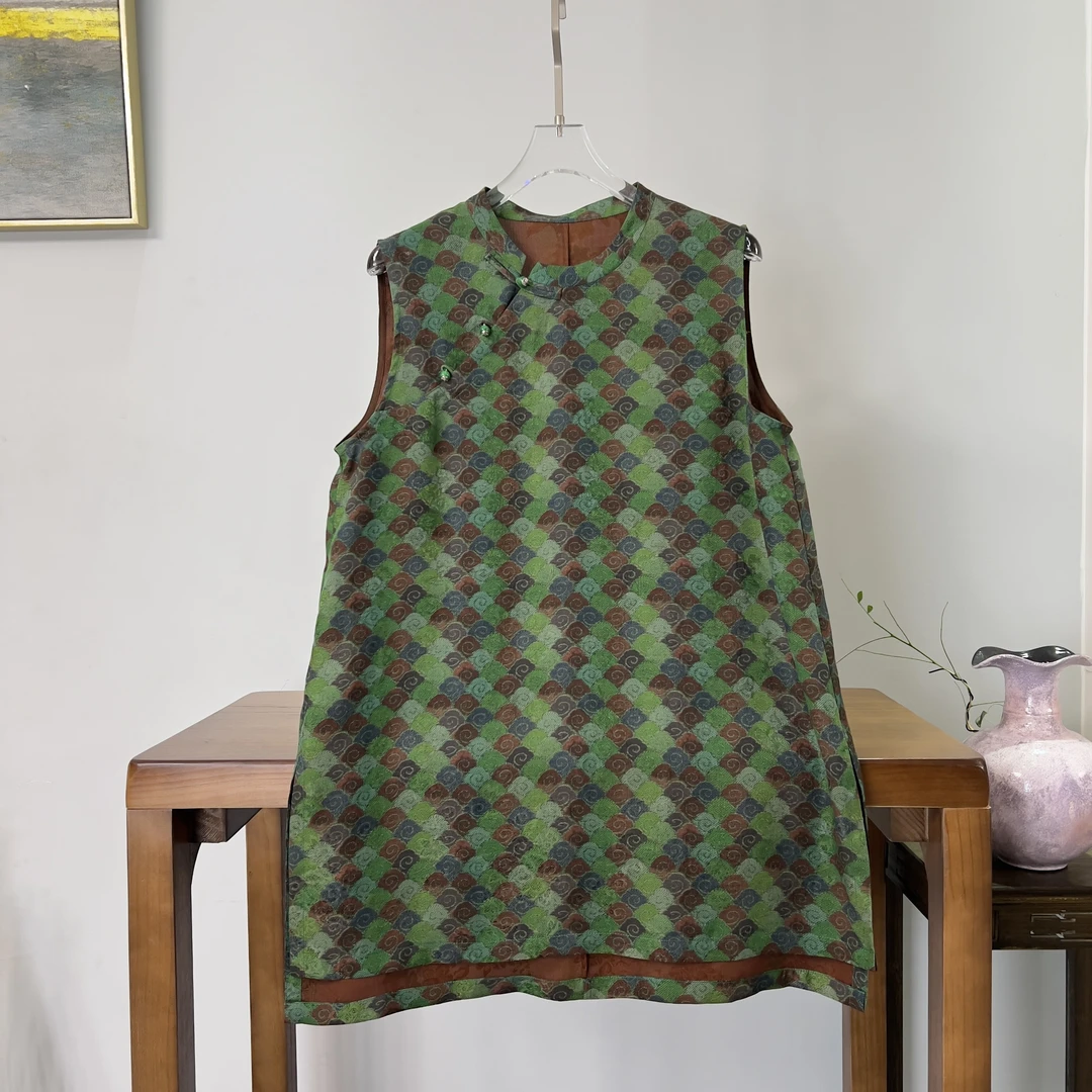 [彩云追月]桑蚕丝香云纱复古奥黛长款女装上衣马甲国风新中式提花